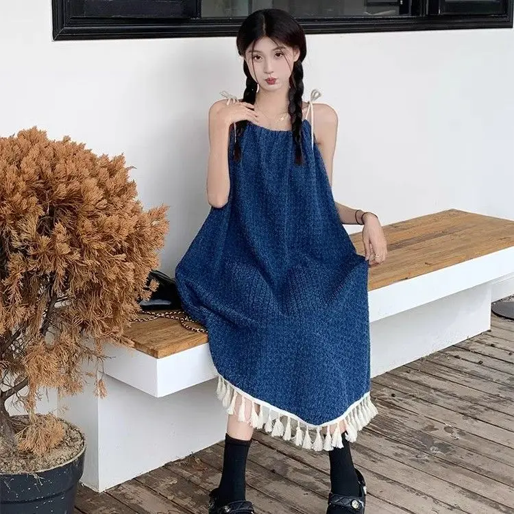 Korea Sleeveless Blue Dresses Women'S Spring Summer New Irregular Length Fringe Loose Blue Dress Female Vintage Unique Sling