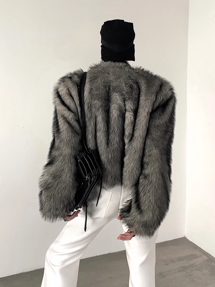 Mauroicardi Spring Winter Short Thick Warm Hairy Shaggy Grey Faux Fur Coat Men V Neck Long Sleeve Cool Handsome Fluffy Jacket