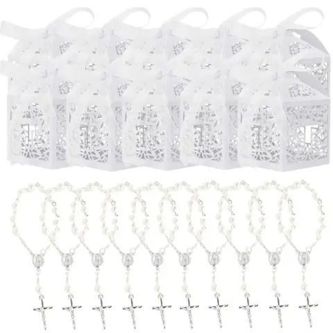 20PCS White Cross Candy Box Baptism Chocolate Pearl Paper Baby Shower Gift Box The First Communion Kids Birthday Party Decor