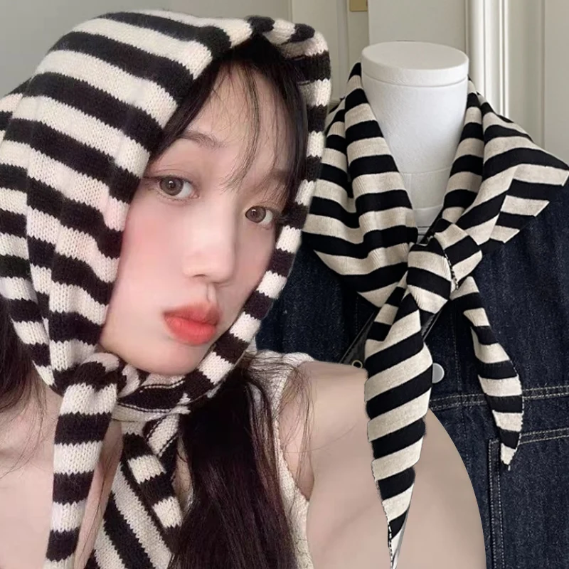 

Versatile Triangle Scarf Headscarf Women Winter Warm Knitted Shawl Soft Striped Neck Bandana Fashion Lady Cozy Elegant Scarves