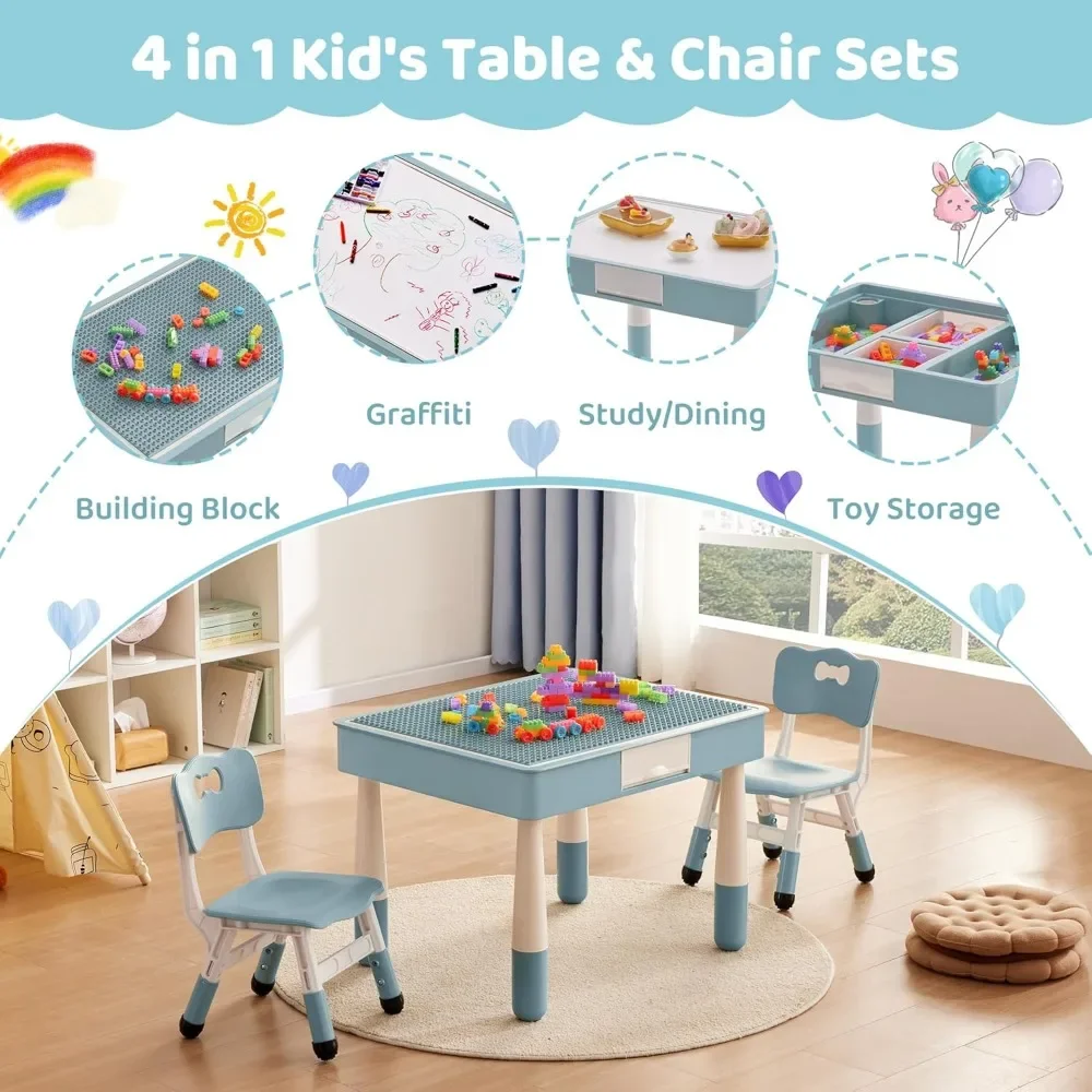 4 in 1 Kids Table and 2 Chairs Set with Storage, Toddler Table and Chair Set for Kids Ages 3-10, Graffiti & Building Blocks