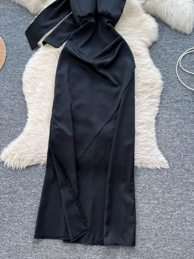 

Sexy Satin Long Dr Women's 2025 New Pure Desire Hanging Ne Strap Split High Waist A-Line Skirt Summer Ci Commute Dr