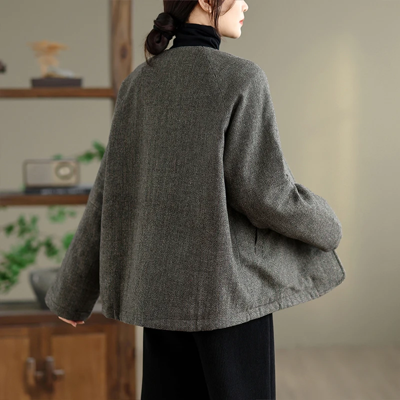 ريترو جولة Ne ort القطن Jaet المرأة فضفاضة عارضة Sle الشتاء Faion لون نقي أعلى البوليستر الصوف مزيج النسيج #4