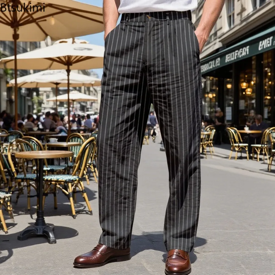 2025 Men's Fashion Striped Hot Pants Simple Loose Classic Linen Ankle Pants Spring and Autumn Casual Beach Sports Pants for Men