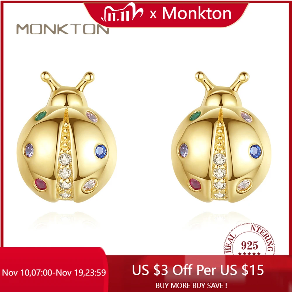 

Monkton 925 Sterling Silver Cute Rainbow CZ Stud Earrings for Women Fine Engagement Party Jewelry Gift Ladybug Earring