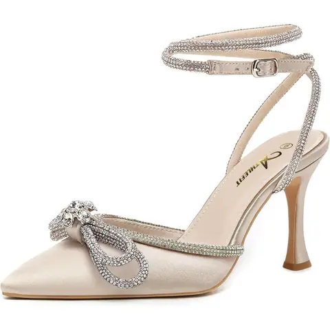 Tacchi con fiocco in strass da donna cinturino alla caviglia punta a punta sandali con tacco a spillo scarpe da sposa con décolleté