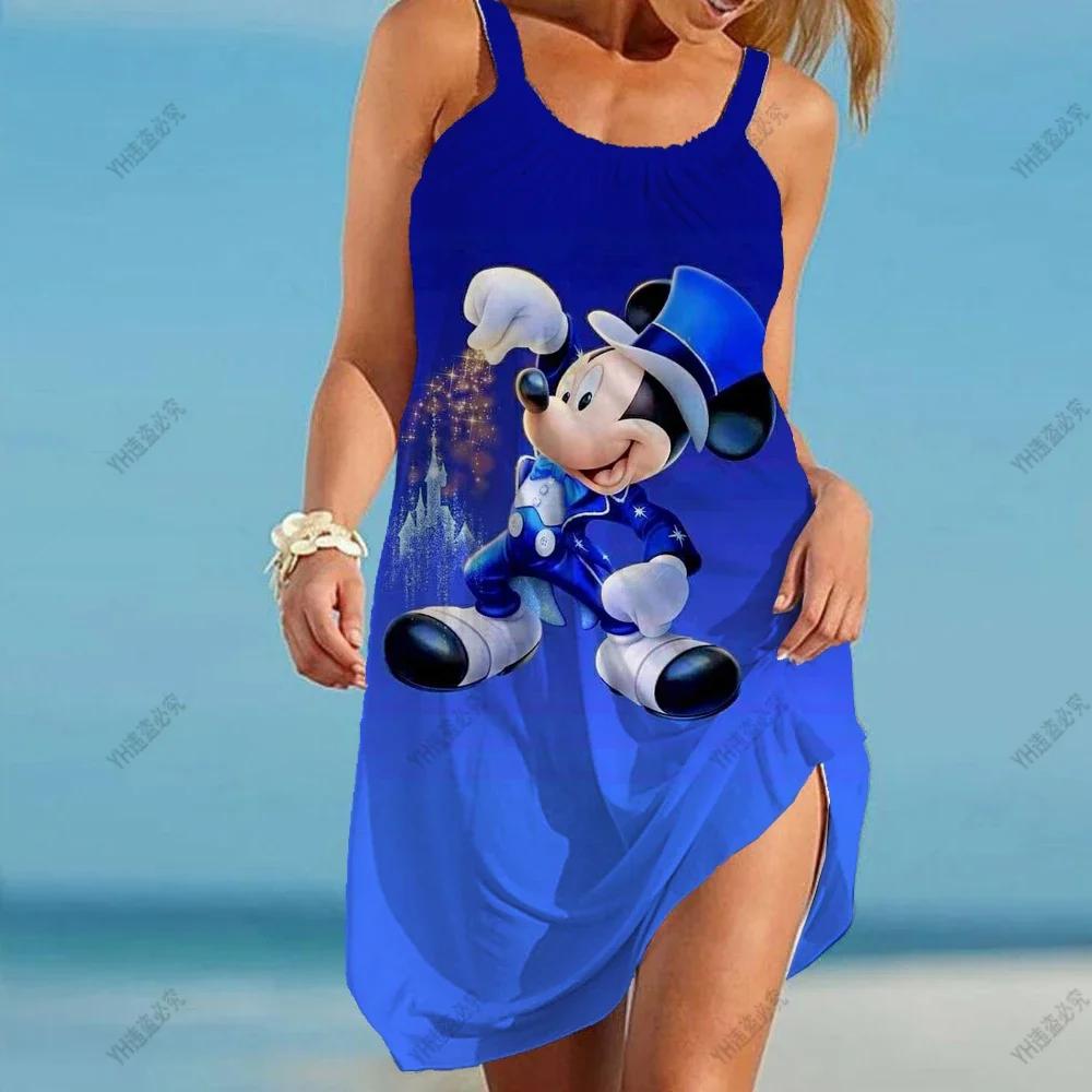 Jesień/lato nowy duży rozmiar Disney Minnie Mickey Mouse temblak 3D nadruk miejski casualowy damski spódnica na plażę do połowy talii długa sukienka