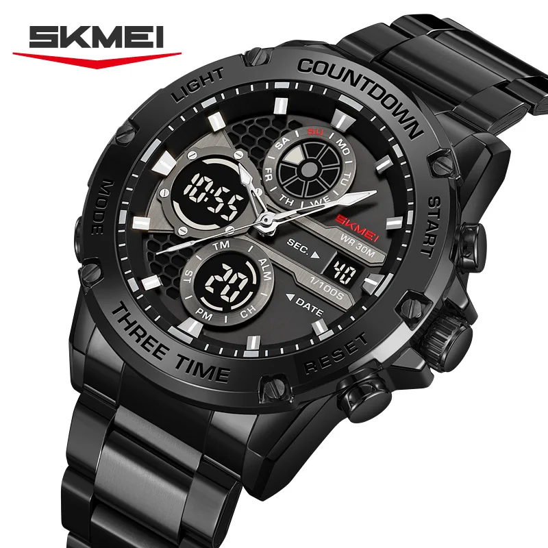 

SKMEI 3-красовые водонепроницаемые наручные часы, деловые часы с двойным дисплеем, светодиодная подсветка, цифровые электронные часы, модные кварцевые часы для мужчин и женщин