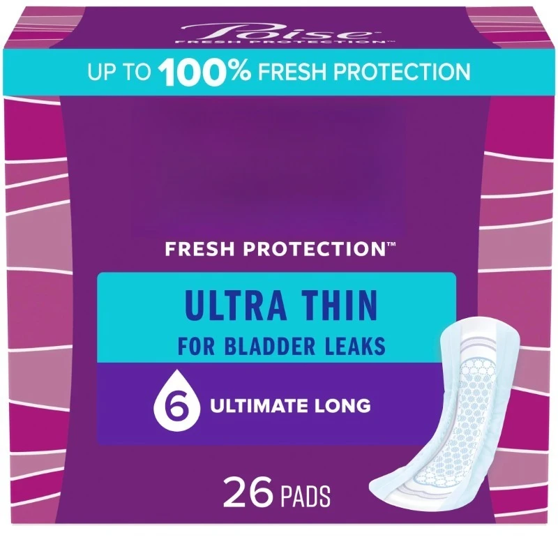 

Ultra Thin Incontinence Pads, 6 Drop Ultimate Absorbency, Long Length, 26 Count