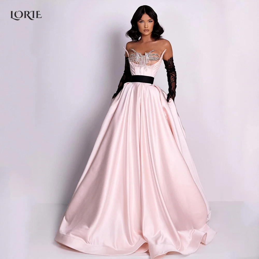 

LORIE Blush Pink Evening Dresses Off Shoulder Diamond Black Belt A-Line Prom Gowns Crystals Saudi Arabia Celebrity Party Dress