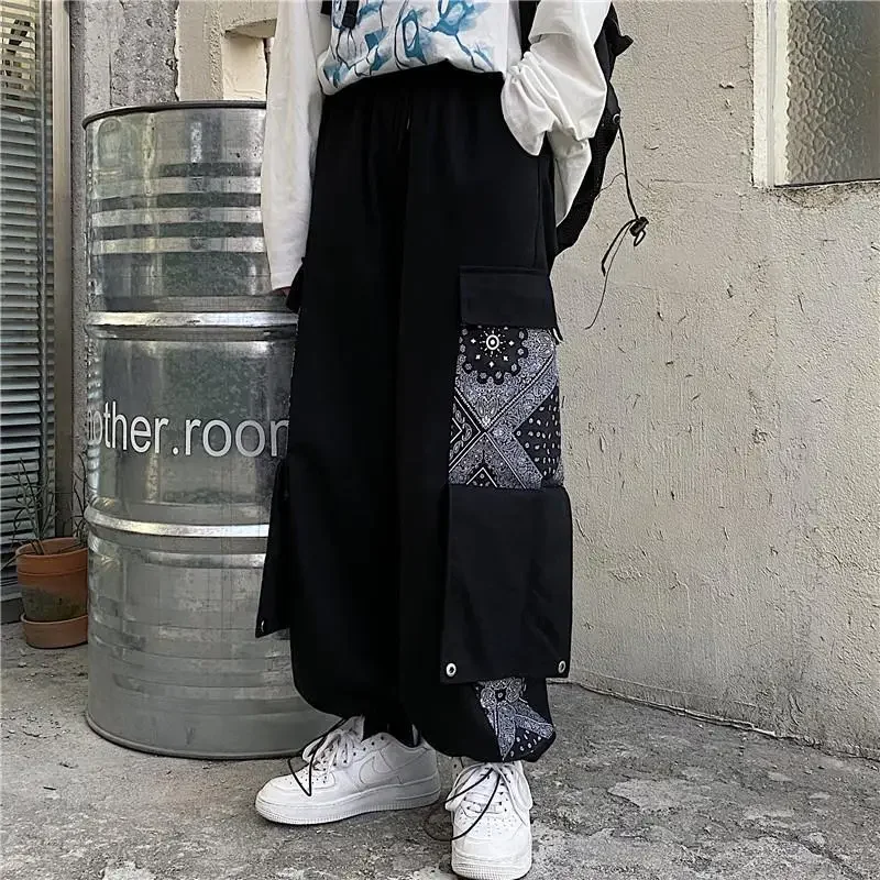 

Patchwork Hip Hop Loose Pants Women American Style High Street Casual Multi-pocket Overalls Wide Leg Full Length Pants Female