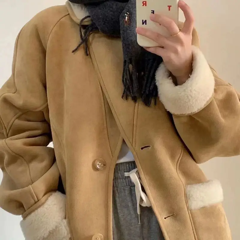 Lady Winter Woman\'s Fashion Thick Warm Faux Shearling Jacket Coat Vintage Long Sleeve Female Real Wool Outerwear