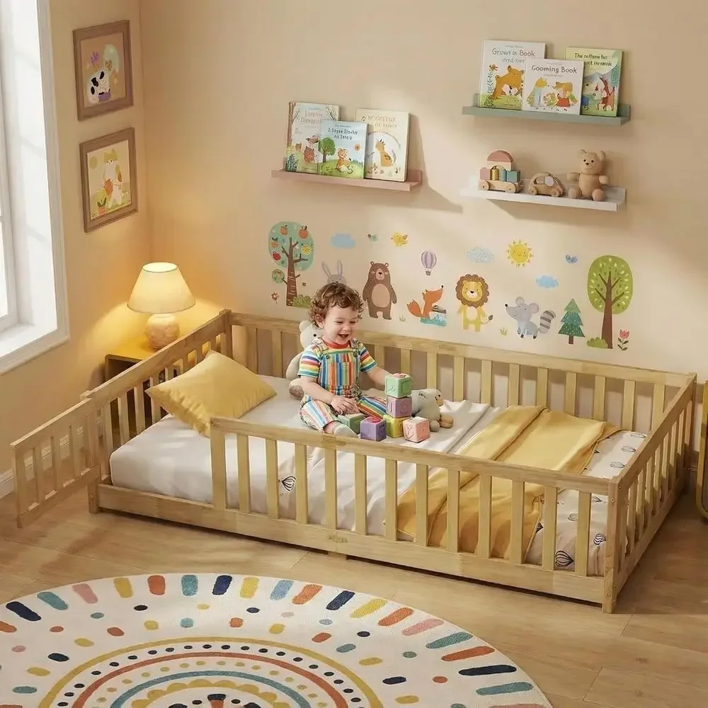 Twin Size Kids Bed with Safety Rails, Convertible Door, No Box Spring Needed, Natural Rubber Wood