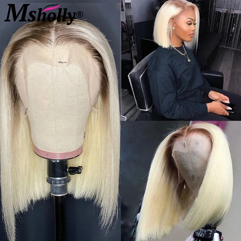 Ombre Honey Blonde 613 Human Hair Wig Straight Short Bob Transparent Lace Front Wig Remy 4T613 Colored 13x4 Lace Frontal Wigs