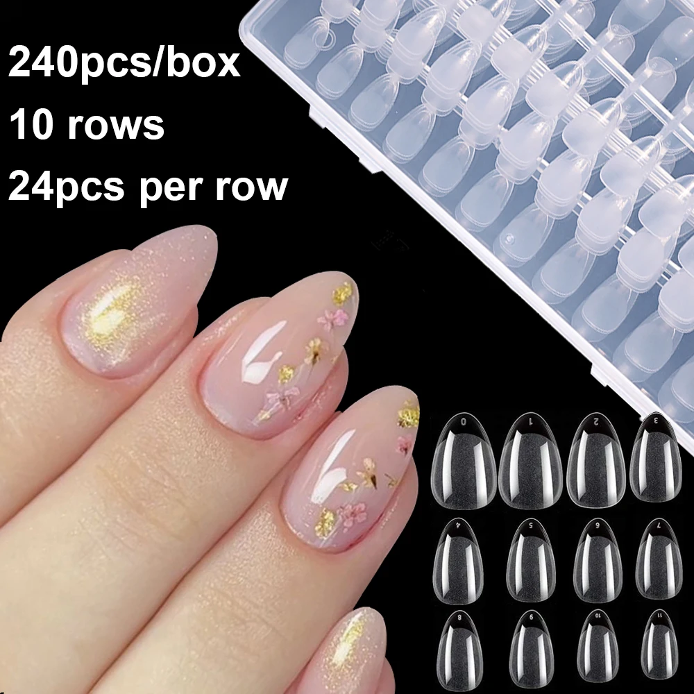 240 pçs transparente amêndoas curtas estender unhas falsas cobertura completa 12 tamanhos borda fina sem costura dicas de unhas acrílico diy decorações de unhas