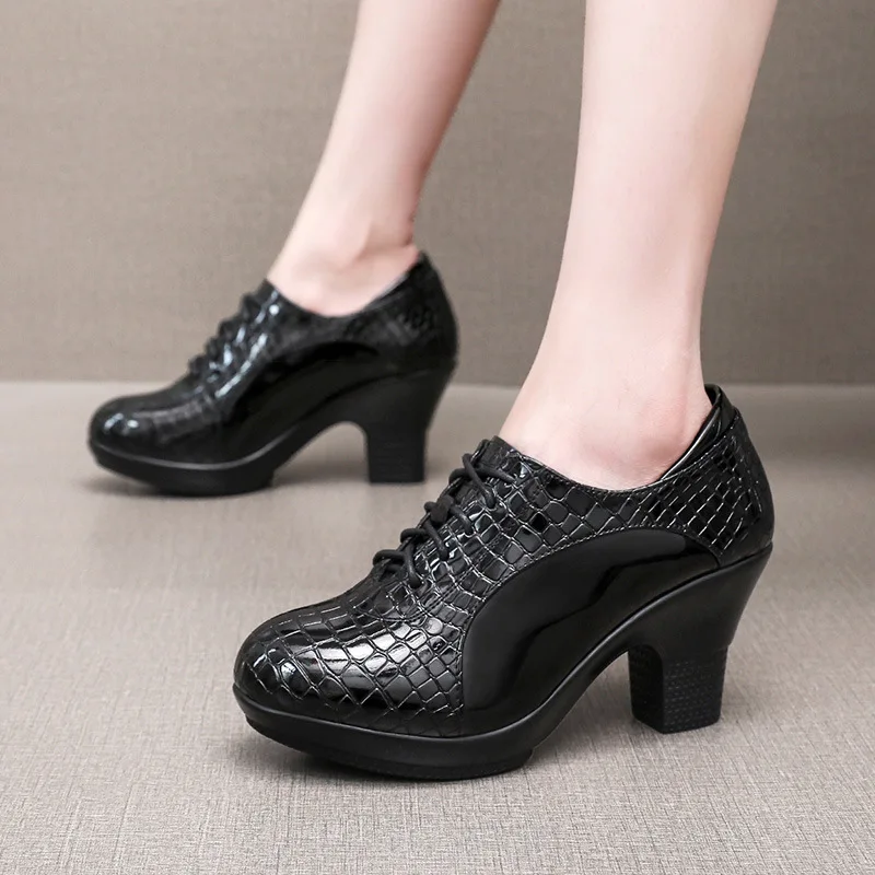 

6cm 8cm Small Size 33-43 Comfortable Deep Mouth Patent Leather Shoes Platform 2025 Autumn Med Block Heel Shoes Party Dance Mom