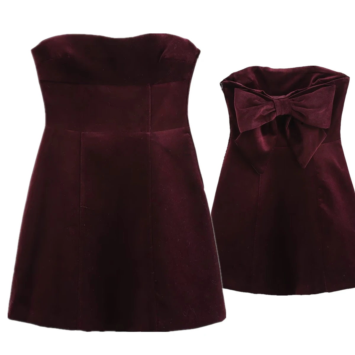 

Jenny&Dave French Fashion Women's Strapless Velvet Dress Minimalist Retro Burgundy Bow In Back Party Dress Mini Dress Women