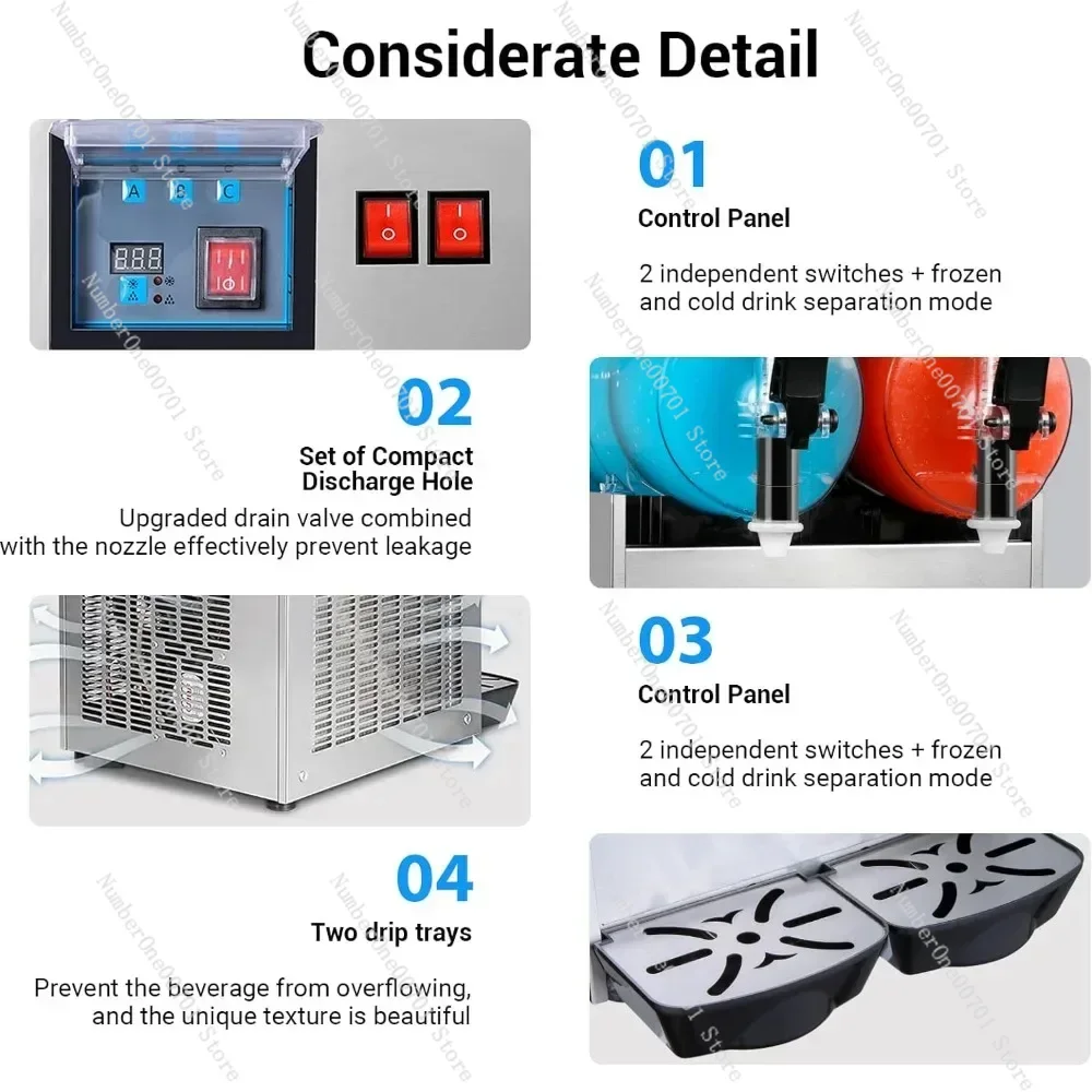 Commercial snow mud machine, 2 cans of 24L frozen beverage smoothies, large snow mud machine made of stainless steel 1050W