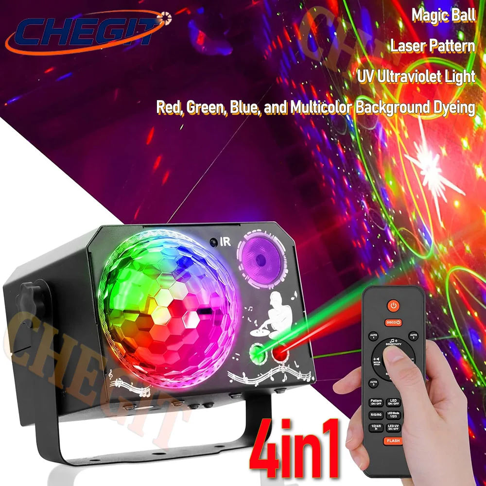 

4в1 RGB УФ светодиодный сценический диско-свет, вращающийся DJ-шар, стробоскоп, дистанционное управление звуком, волшебный танец, Рождественский подарок, вечеринка, клуб, лазер