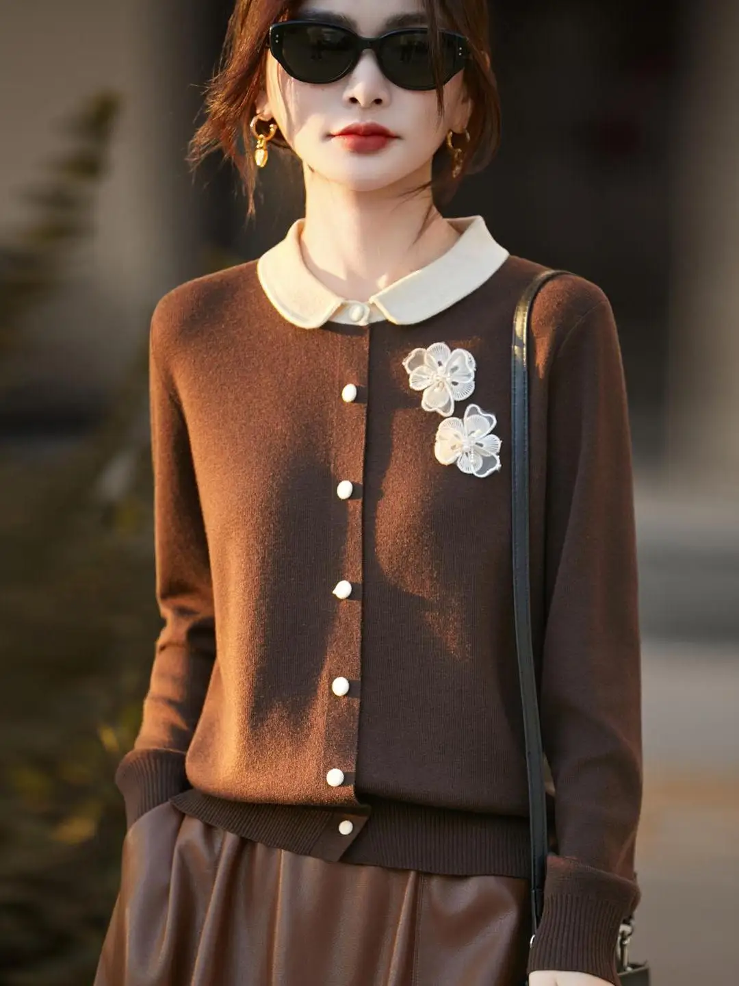 

Autumn Winter Woolen Knitted Open Cardigan Women's Turn-down Collar Small Fraance Sle 3D Flower Jaet Loose Color Blo ...