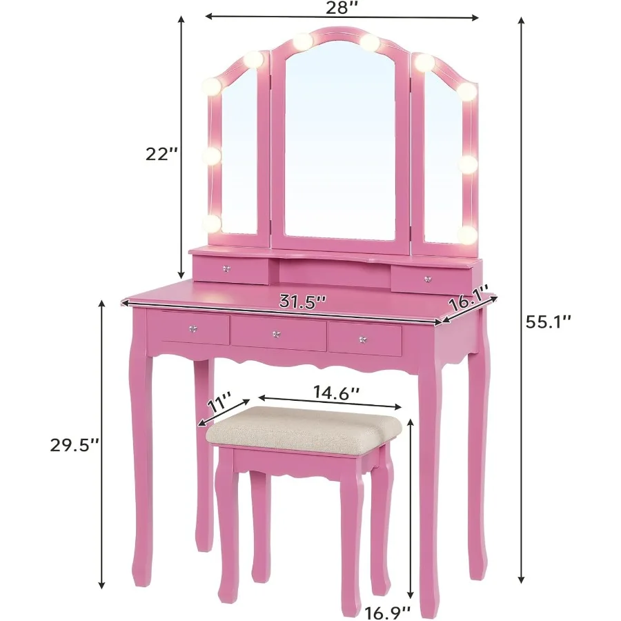 Compact Pink Makeup Vanity Desk with TriFold Mirror and Builtin LED Lights Featuring Wood Upholstered Stool 5 Drawers 8 Jewelry image 2