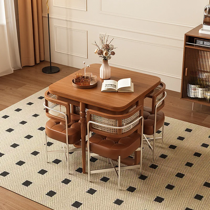 

Solid wood folding dining table small apartment household French retro retractable storage square table