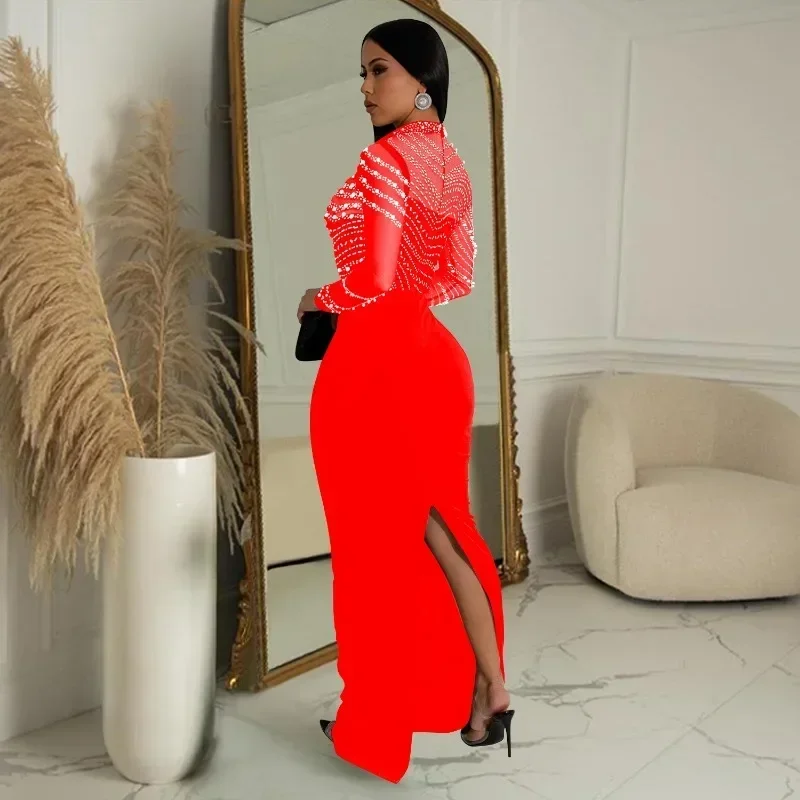 GUWU Heißer Strass Perle Frauen Lange Hülse O-ansatz Bodycon Bodenlangen Langes Kleid Diamanten Sexy Party Abend Prom Kleider