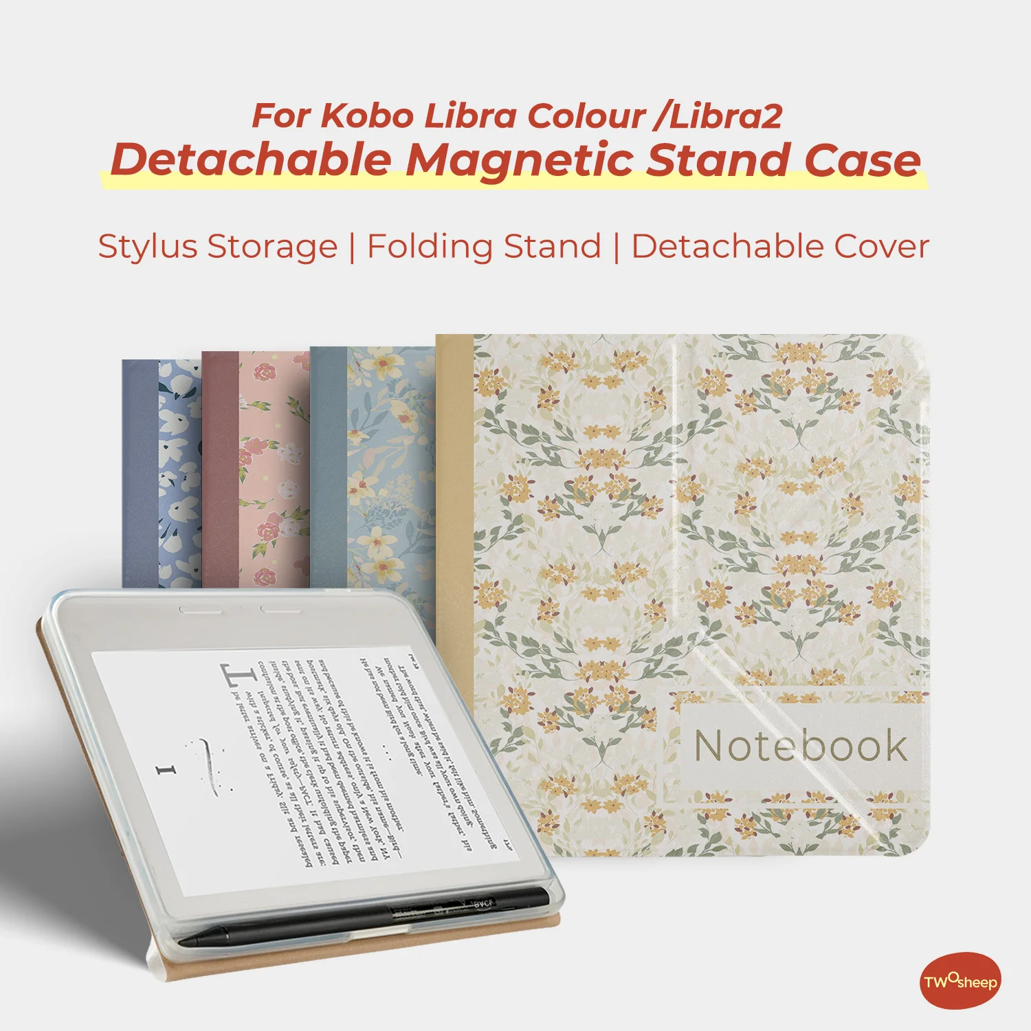Twosheep Floral Notebook Magnetic Detachable Case suit for Kobo Libra Colour Libra2 Pen Holder Stand Clear Acrylic Cover Slim