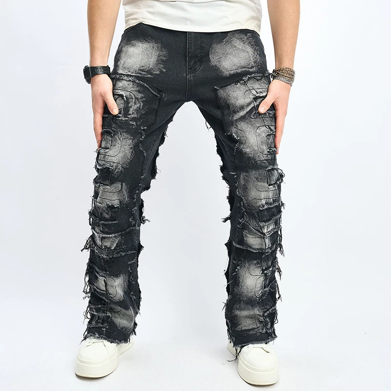 Men Vintage Denim Pants Raw Trim Distressed Straight Leg Pants Casual Trousers with Pockets for Streetwear