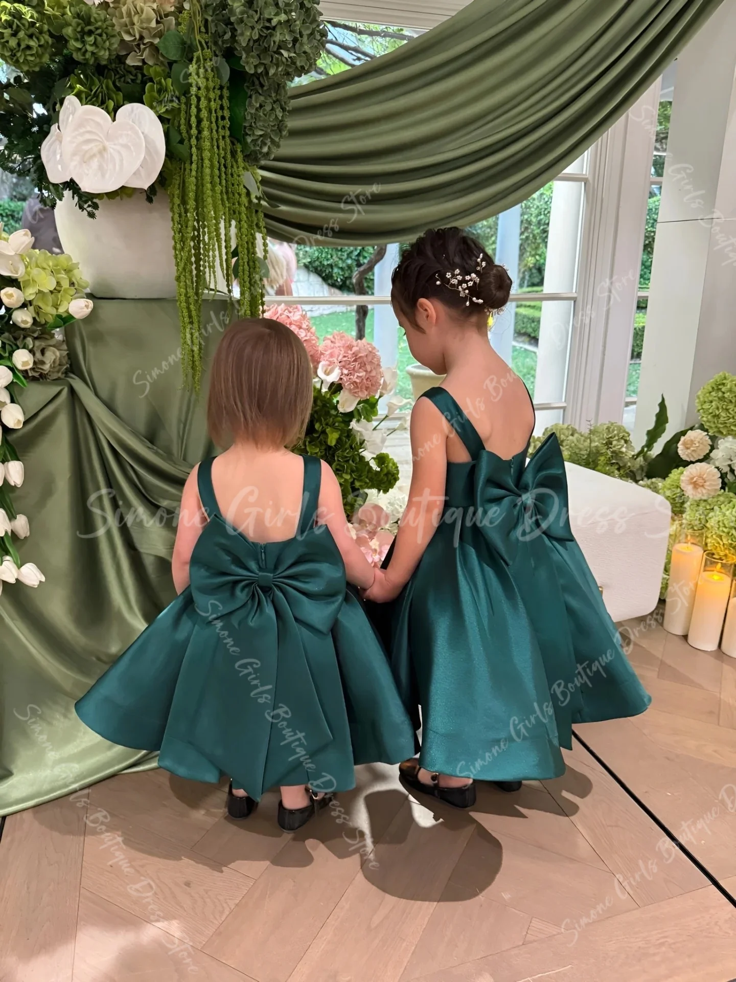 Robe de demoiselle d'honneur verte pour mariage, dos nu, longueur cheville, robe de première Communion avec nœud en Satin, robe de soirée personnalisée