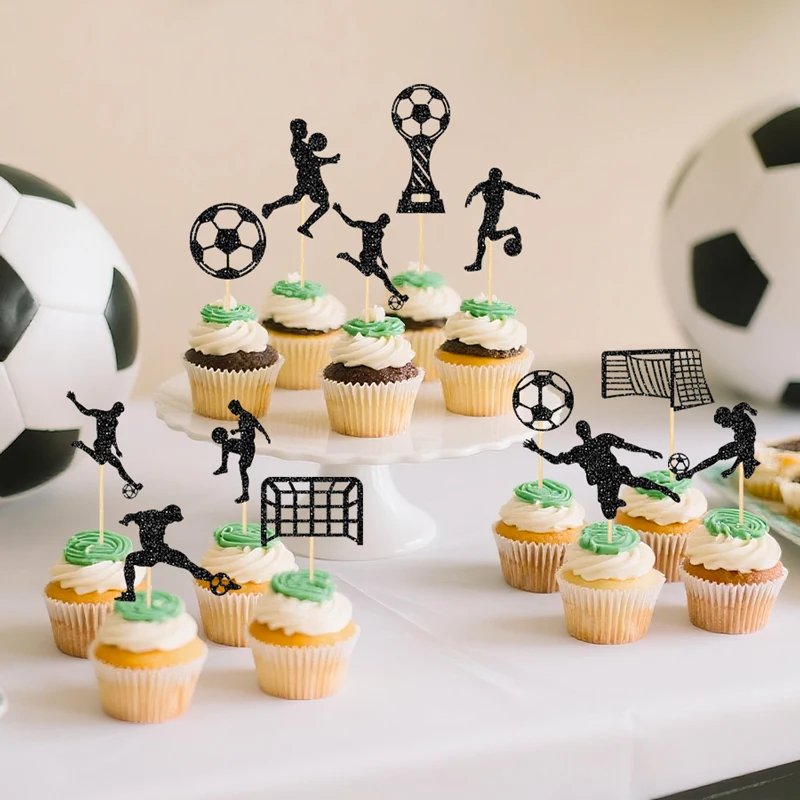 YOMDID 24 Stück Fußball-Kuchenaufsätze, Cupcake-Aufsätze mit Fußball-Themen für Geburtstage, Jugendliche, Duschen und Sport-Kuchendekoration – Detail 9