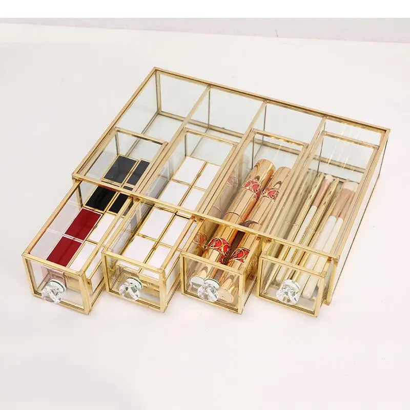 

Glass Storage Boxes Rectangle Cosmetics Jewelry Boxes Display Rack Creative Home Multi Grid Cosmetic Jewellery Storage Container