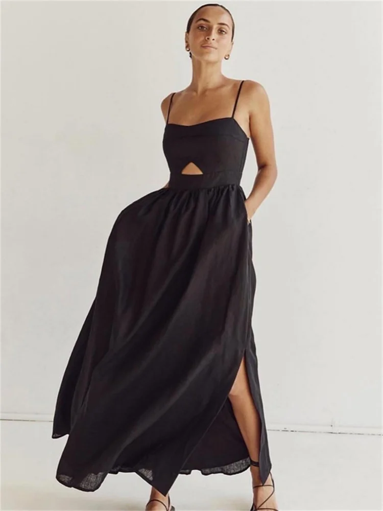 

Tossy Black Hollow Out Halter Dresses Female High Waist Backless Slim Elegant Solid Summer Party Dress Women's Maxi Dress 2024