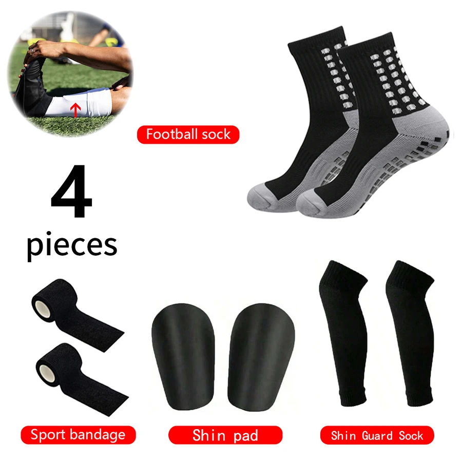 4-teiliges Fußballzubehör, Outdoor-Fußballsocken, rutschfeste Sportsocken, Bandagen, Schienbeinschoner, Waden-Kompressionssocken