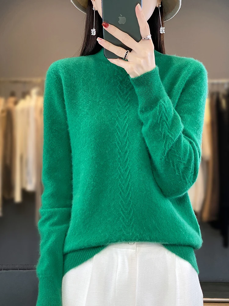 

Autumn Winter Women Sweater Mock Neck 100% Merino Wool Solid Basic Pullover Cashmere Knitwear Female Clothing New Fashion Tops