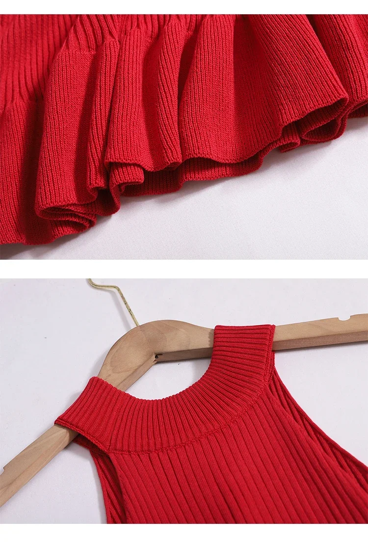 Cut Out Halter Summer Knitted Bodycon Sexy Dress O Neck Sleeveless Ruffled Party Sundress High Street Elastic Slim Short Dress