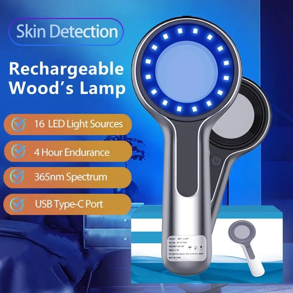 Woods Lamp Skin Analyzer 365nm UV Light Magnifying Glass Facial Skin Detection Device Rechargeable 16 LED Professional Beauty Testing Equipment Vitiligo Detector Pet Dog Cat Fungus Test Baby Products Cosmetic Testing 4000mAh Battery Type-C Port Scanner