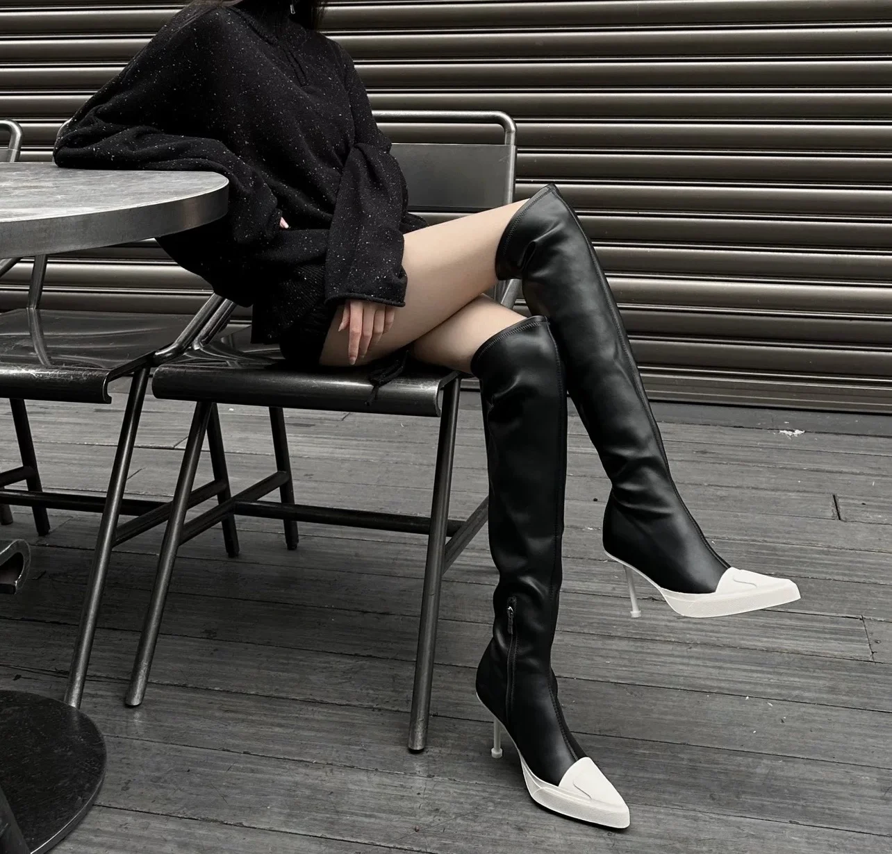 New Women's Black/White Color Blocking Over The Knee Boots Stiletto Heel Side Zipper Sexy Eye-catching Stretch Ankle Boots
