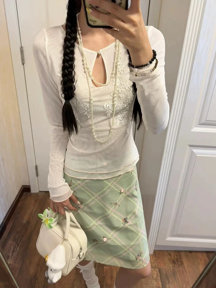 2026 Autumn Women's New Chinese Style T-Shirt Pure & Sexy Embroidered See-Through Mesh Long Sleeve Blouse Slim-Fit Y2K
