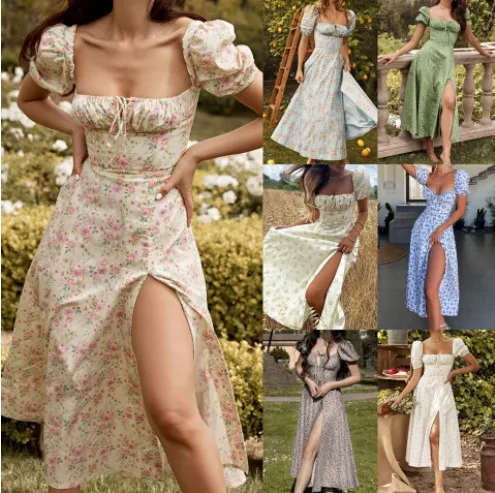 Vestido Midi Floral Vintage de Verano con Cuello Cuad, Ajustado, Abertura Lateral, Cintura Alta, Estilo Dulce, Ropa de Mu...