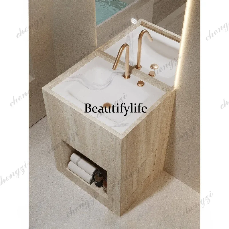D1089 custom hotel villa beige travertine rock slab hot bending integrated column basin outdoor courtyard hand washing basin