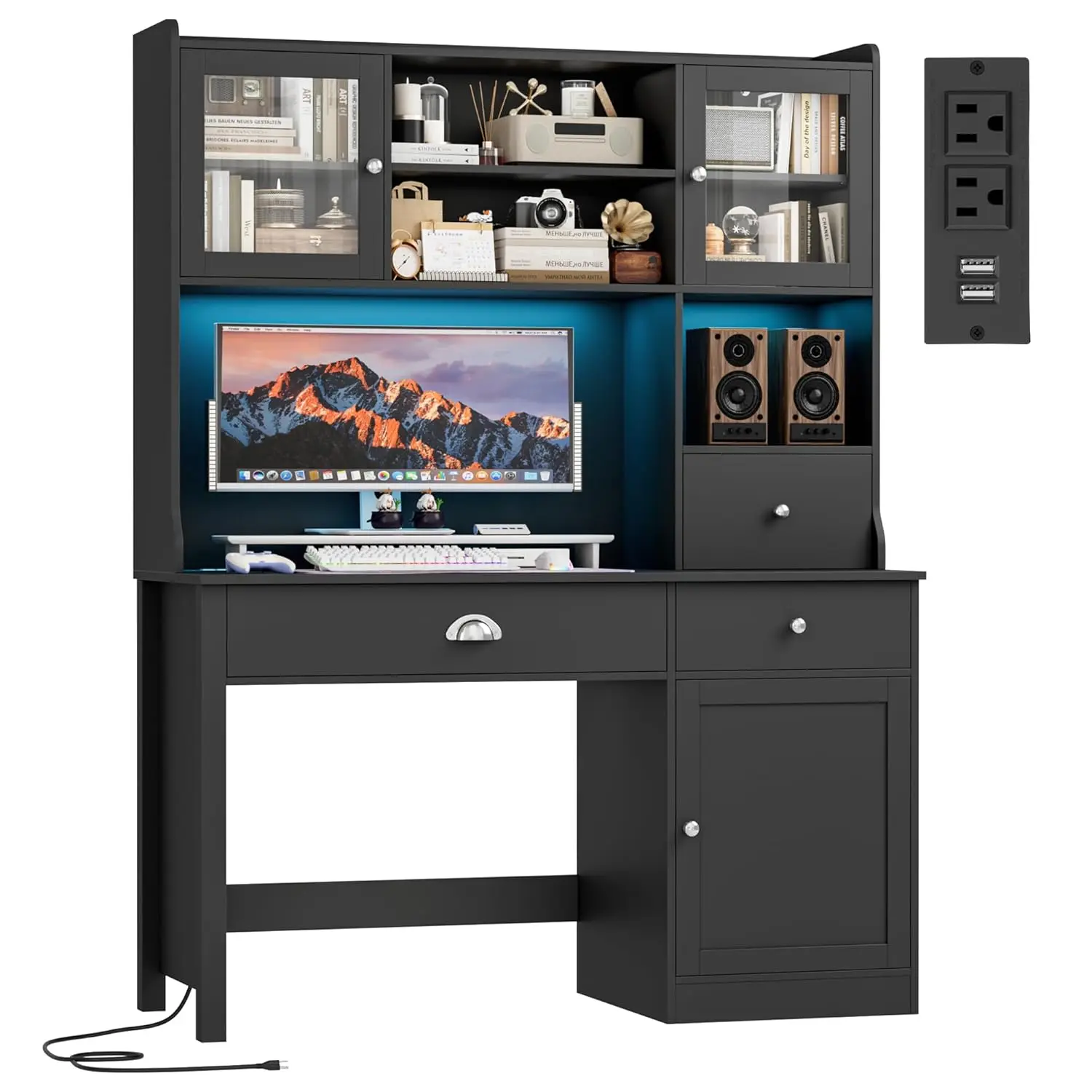 65" Computer Desk with Hutch RGB Light Power Outlet Drawers 3 Doors Bedroom Office Workstation Study, Customized