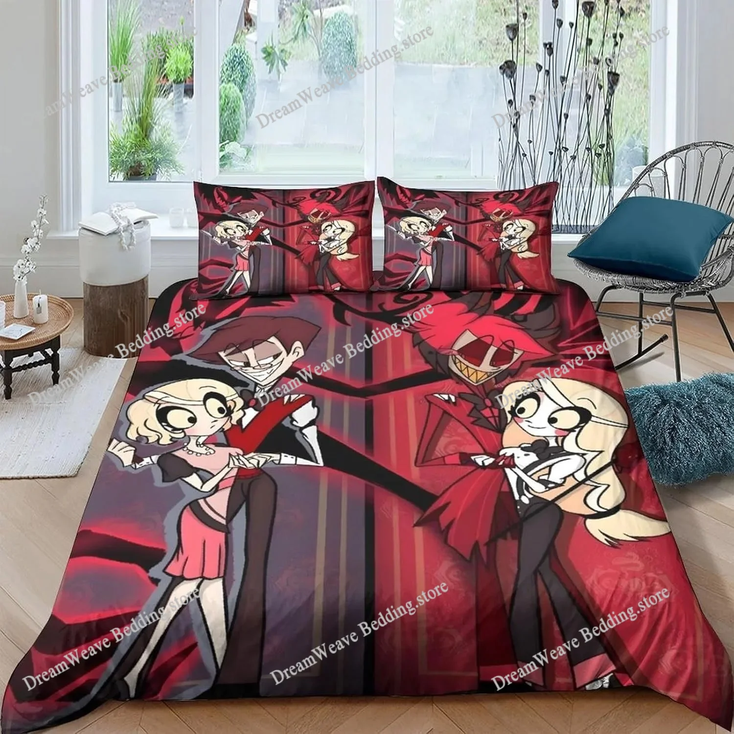 Hazbined Hotel Duvet Cover Set Cartoon Charlie Vaggie Alastor AD Quilt Cover Pillowcase Set Bedding Set Full Queen King Size