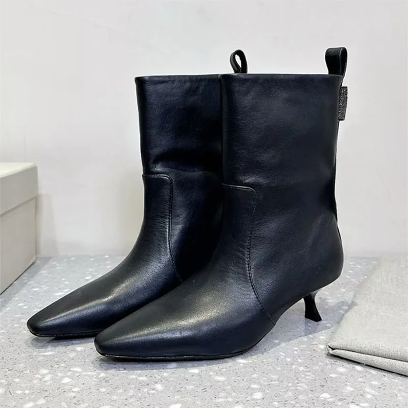 جديد جلد الغزال أحذية بوت قصيرة امرأة هريرة الكعوب المدرج أحذية امرأة أشار تو سلسلة سلسلة حبة عالية الكعب الأحذية النسائية