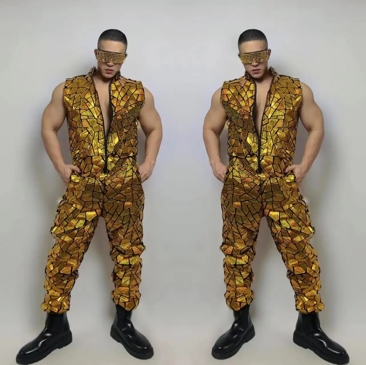 Gold Mirror Laser Sleeveless Jumpsuit Male Singer Dancer Team Performance Clothes Hip Hop Jazz Dance Overalls Club Party Costume