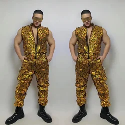 Gold Mirror Laser Sleeveless Jumpsuit Male Singer Dancer Team Performance Clothes Hip Hop Jazz Dance Overalls Club Party Costume