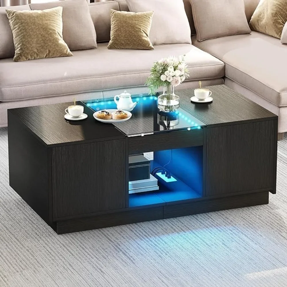 Mesa de centro LED con luces LED, mesas de centro grandes para sala de estar con puertos USB y mesa de centro moderna tipo C con almacenamiento