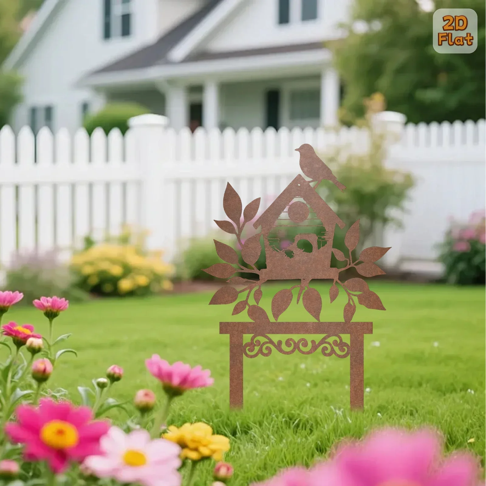 [2D Flat] Rustic Birdhouse Bird Metal Garden Stake Ground Spike Gift Housewarming Mother Day Bird Lovers Lawn Ornaments