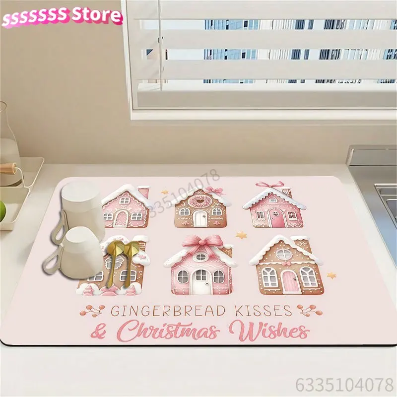 Large Pink Dish Drying Mat Featuring a Christmas Theme, Suitable for Kitchen Countertops. It Is Heat Resistant, Easy to Clean,