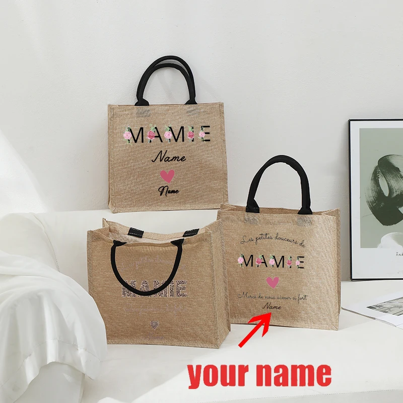Personalized with Name Floral Boho Leopard Mamie Heart Bow Patterns Jute Tote Bag Shopping Bags Mum Daughter Mother's Day Gifts
